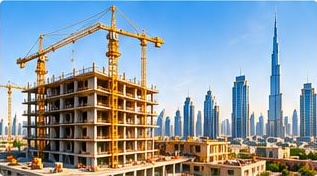 Edificio en construcción con grúas y rascacielos de Dubái
